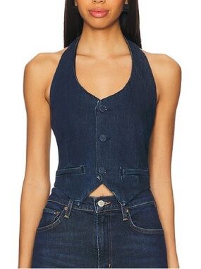 Good American Denim Halter Vest in Denim-Dark Blue Size Medium